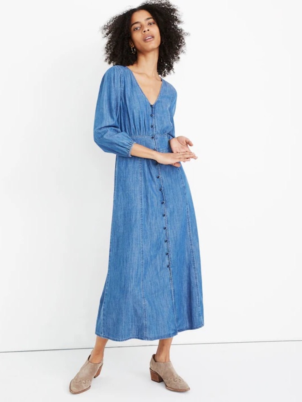 Madewell Denim Pieced-Waist Button-Front Midi Dress Size L
